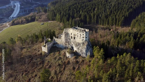 Historic Likava Castle, Hilltop Fortress In Liptov, Slovakia. - aerial photo