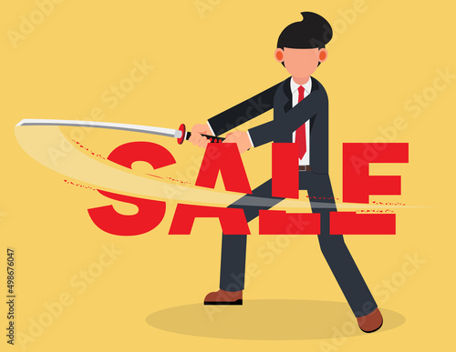 Businessman using sword to slash cut the word sale. financial concept.