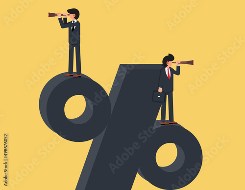 Search for investment profit. confident businessman climb up percentage sign see vision on telescope, Interest rate forecast