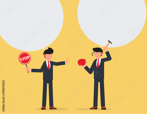 Ban and warning concept. businessman with a hammer in his hand is going to break a piggy bank and take out the savings,global Economic Crisis