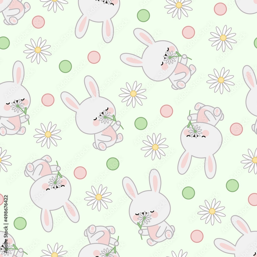 Seamless pattern of bunnies sniffing flowers, flowers and green and pink dots.
