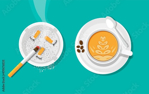 A white ceramic ashtray with a smoldering cigarette, cigarette butts, and a mug of coffee. Top view. Vector illustration in flat style.