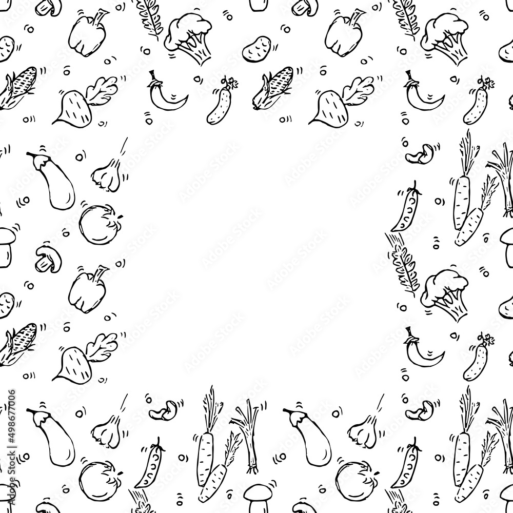 Seamless vegetarian food pattern with place for text. Doodle vector with vegetarian food icons on white background. Vintage vegetarian food illustration