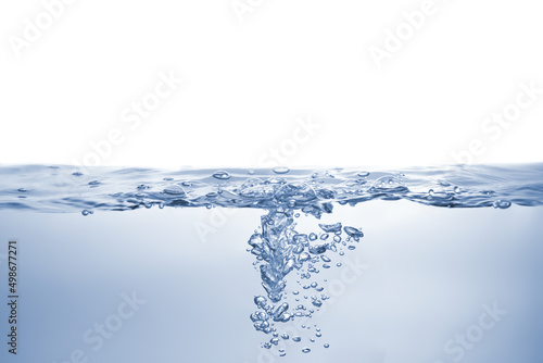 Water splash Aqua flowing in waves and creating bubbles Drops on the water surface feel fresh and clean isolated on white background.