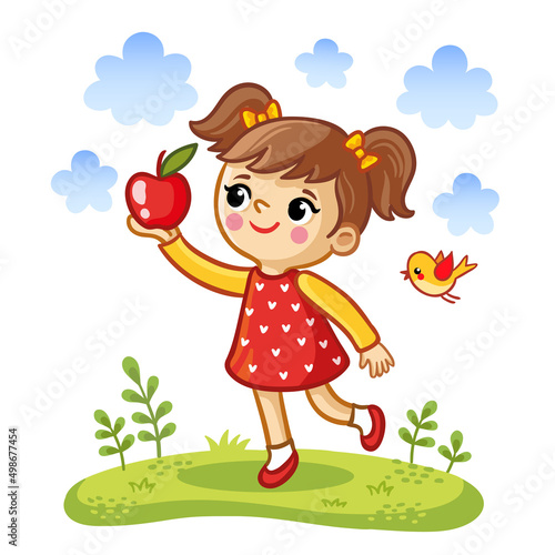 Wallpaper Mural Cute little girl holding an apple in her hands. Vector illustration with a baby in cartoon style. Torontodigital.ca