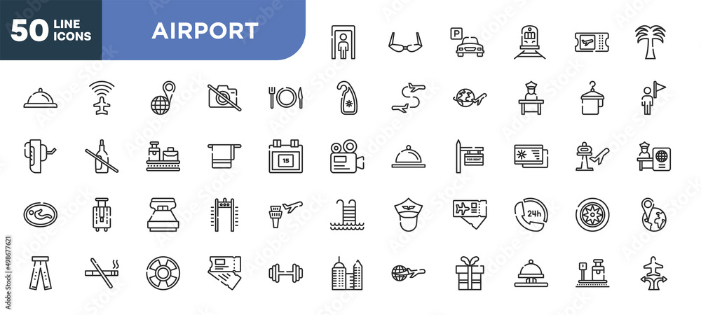 set of 50 outline airport icons. editable thin line icons such as full body, plate, knife and fork, bath towel, king size, smoking prohibition, life bouy, hotel bell ringing stock vector. set of 50 outline airport icons. editable thin line icons such as full body, plate, knife and fork, bath towel, king size, smoking prohibition, life bouy, hotel bell ringing stock vector.