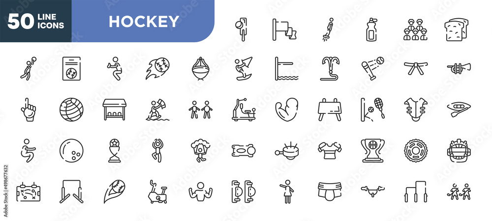 set of 50 outline hockey icons. editable thin line icons such as crocket, asian hat, kitesurfing, football trophy, horizontal bars, strike, handlebar stock vector. set of 50 outline hockey icons. editable thin line icons such as crocket, asian hat, kitesurfing, football trophy, horizontal bars, strike, handlebar stock vector.
