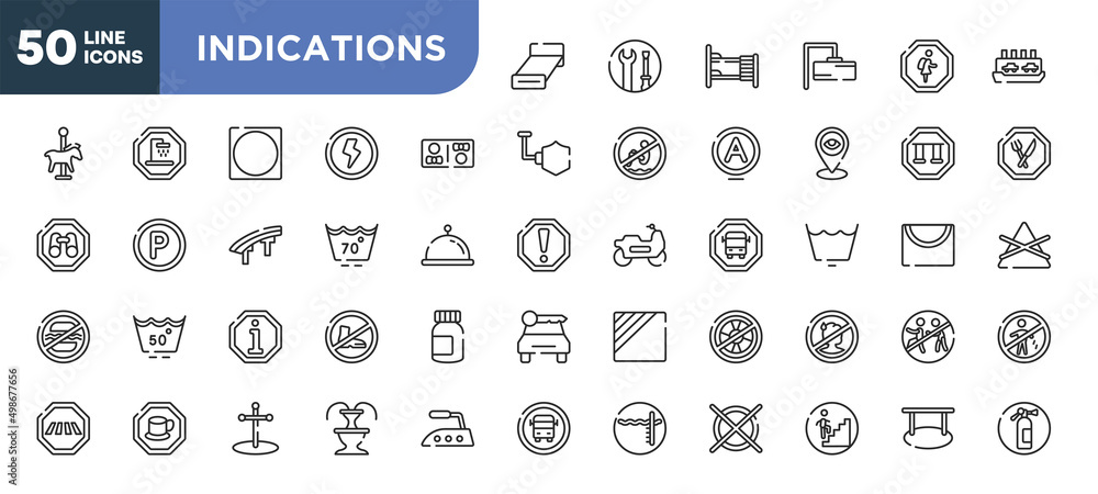 set of 50 outline indications icons. editable thin line icons such as bed 3d view, restroom, null, information, cafe bar, cross stuck in ground, walking up stair stock vector. set of 50 outline indications icons. editable thin line icons such as bed 3d view, restroom, null, information, cafe bar, cross stuck in ground, walking up stair stock vector.
