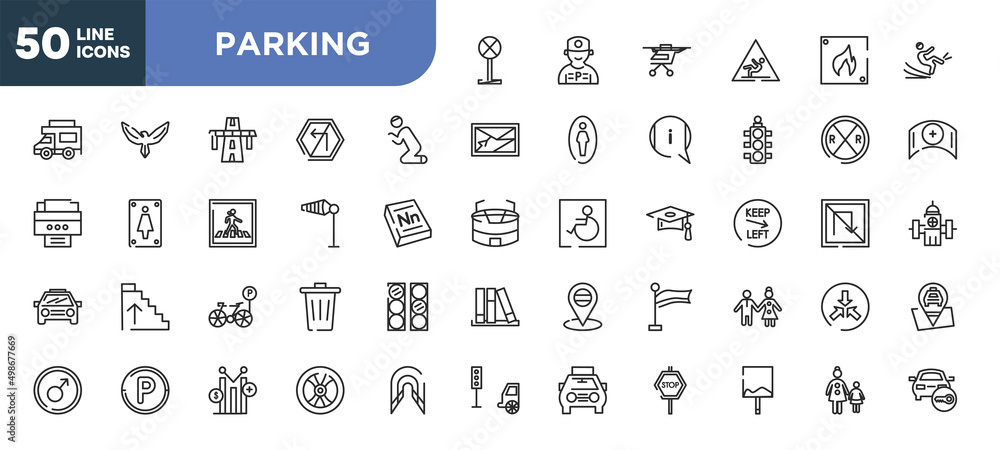 set of 50 outline parking icons. editable thin line icons such as no stopping, praying, wind flag, bike parking, parking hexagonal, yield, uneven stock vector. set of 50 outline parking icons. editable thin line icons such as no stopping, praying, wind flag, bike parking, parking hexagonal, yield, uneven stock vector.