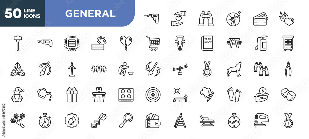 set of 50 outline general icons. editable thin line icons such as perforator, floating balloons, wooden fence, gift box with ribbon, analog stopwatch, save water badge, compass pointing south east set of 50 outline general icons. editable thin line icons such as perforator, floating balloons, wooden fence, gift box with ribbon, analog stopwatch, save water badge, compass pointing south east