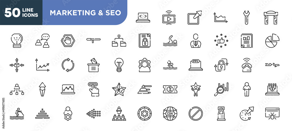 set of 50 outline marketing & seo icons. editable thin line icons such as clean code, diagram folder, manual voting, graph notebook, null, administrator, atm hine stock vector. set of 50 outline marketing & seo icons. editable thin line icons such as clean code, diagram folder, manual voting, graph notebook, null, administrator, atm hine stock vector.