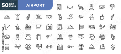 set of 50 outline airport icons. editable thin line icons such as full body, plate, knife and fork, bath towel, king size, smoking prohibition, life bouy, hotel bell ringing stock vector.