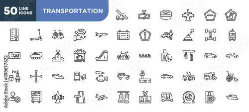 set of 50 outline transportation icons. editable thin line icons such as aircraft stairs, airplane, bike shop, motorboat, flight information, army airplane bottom view, flat tire stock vector.