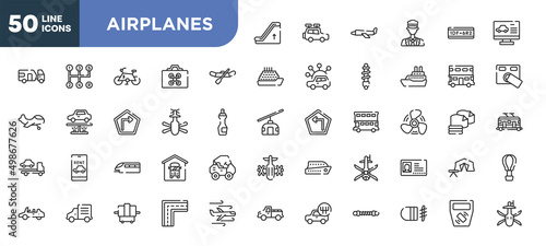 set of 50 outline airplanes icons. editable thin line icons such as or up, watercraft, helicopter bottom view, monorail, mini truck, x-ray, fog lamp stock vector.