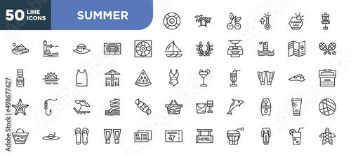 set of 50 outline summer icons. editable thin line icons such as rubber ring, life guard, terrace, beach chair, summer hat, pair of flip flops, wetsuit stock vector.