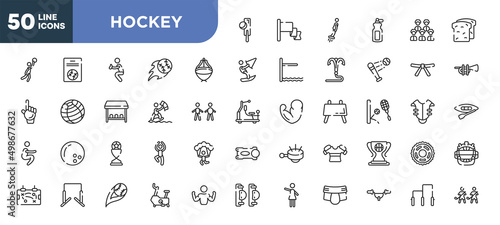 set of 50 outline hockey icons. editable thin line icons such as crocket, asian hat, kitesurfing, football trophy, horizontal bars, strike, handlebar stock vector.