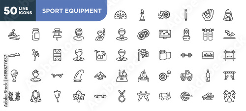 set of 50 outline sport equipment icons. editable thin line icons such as kmh, committee, karateka, longboard, fencer, lift bag, crank stock vector.