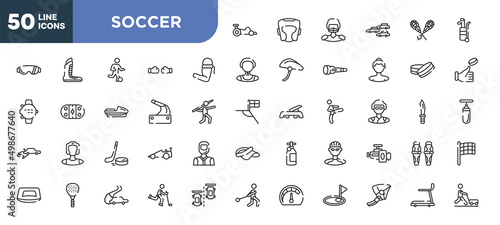set of 50 outline soccer icons. editable thin line icons such as kart racing, armband, handbrake, puck, padel, drifting, hang glider stock vector.