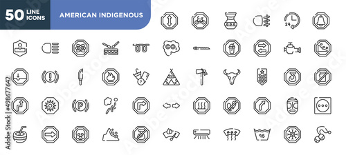 set of 50 outline american indigenous icons. editable thin line icons such as ahead, glowplug, fire warning, parking lights, one way, death, null stock vector.