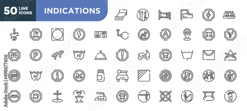 set of 50 outline indications icons. editable thin line icons such as bed 3d view, restroom, null, information, cafe bar, cross stuck in ground, walking up stair stock vector.