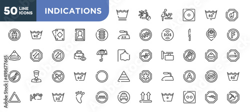 set of 50 outline indications icons. editable thin line icons such as delicate washcycle, round traffic, null, no littering, decorative, 30 degree laundry, dry medium heat stock vector.