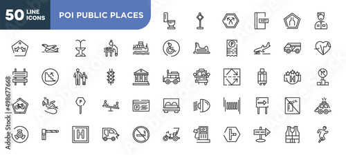 set of 50 outline poi public places icons. editable thin line icons such as toilet side view, water taxi, semaphore traffic lights, parking, parking barrier, round hotel, one way street stock