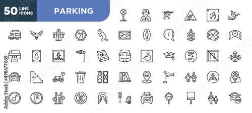 set of 50 outline parking icons. editable thin line icons such as no stopping, praying, wind flag, bike parking, parking hexagonal, yield, uneven stock vector.