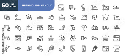 set of 50 outline shipping and handly icons. editable thin line icons such as flammable package, delivery timer, trolleybuses, barcode scan, use clamps, delivering, search worldwide stock vector.