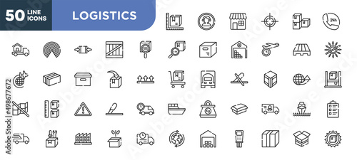 set of 50 outline logistics icons. editable thin line icons such as parcel size, scan package, put in box, danger, construction and tools, manufacturing plant, closed cardboard box with packing tape