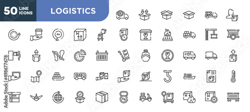 set of 50 outline logistics icons. editable thin line icons such as european conformancy, overflow, pizzas, sea ship with containers, air transport, distribution, flammable box stock vector.