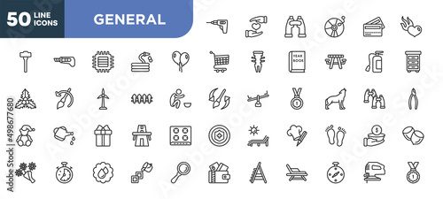 set of 50 outline general icons. editable thin line icons such as perforator, floating balloons, wooden fence, gift box with ribbon, analog stopwatch, save water badge, compass pointing south east