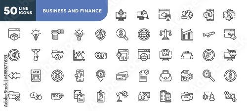 set of 50 outline business and finance icons. editable thin line icons such as rocket launch monitor, big protection shield, two lines chart, yen big coin, talking about money, seo tags, two black