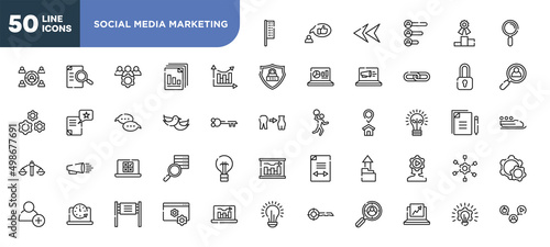 set of 50 outline social media marketing icons. editable thin line icons such as bow flags, analytic chart, love bird, online voting, circular clock, road banner, trending stock vector.