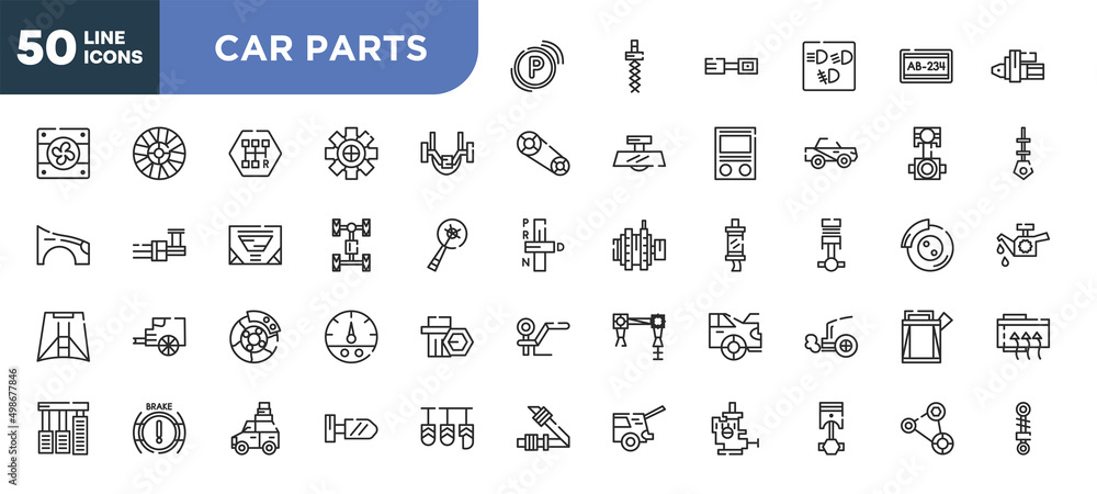 set of 50 outline car parts icons. editable thin line icons such as car parking light, car anti-roll bar, axle, brake, brake light, luggage rack, cylinder stock vector. set of 50 outline car parts icons. editable thin line icons such as car parking light, car anti-roll bar, axle, brake, brake light, luggage rack, cylinder stock vector.