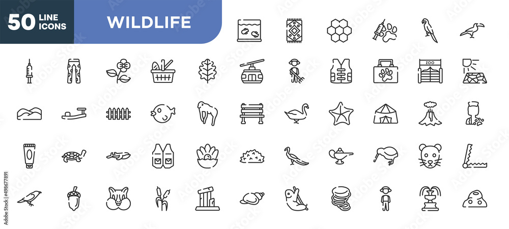set of 50 outline wildlife icons. editable thin line icons such as aquarium, oak leaf, puffer fish, blue whale, acorn, chipmunk, guard stock vector. set of 50 outline wildlife icons. editable thin line icons such as aquarium, oak leaf, puffer fish, blue whale, acorn, chipmunk, guard stock vector.