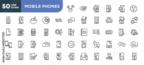 set of 50 outline mobile phones icons. editable thin line icons such as polling, thanksgiving, card of phone, silence interface phone, phone alarm, writing letter, journalists stock vector.