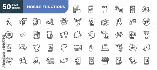 set of 50 outline mobile functions icons. editable thin line icons such as wanted, air purifier, swipe up, phone charger, expertise, journalist, swipe left stock vector.