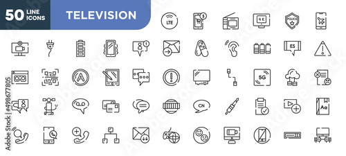 set of 50 outline television icons. editable thin line icons such as lte  friend request  pda  voice message  night mode  emergency call  no cellphone stock vector.