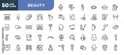 set of 50 outline beauty icons. editable thin line icons such as hairdresser chair, hair transplant, burner, roll on, cuticle, wooden chair, gluteus stock vector.