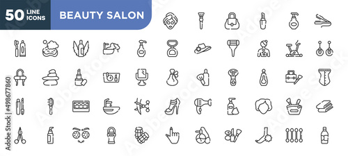 set of 50 outline beauty salon icons. editable thin line icons such as beauty face mask, body lotion, makeup purse, eye shadow pallette, liquid makeup, cucumber slices on face, pedicure stock