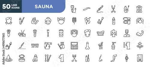 set of 50 outline sauna icons. editable thin line icons such as electric razor, hipster, nail brush, braces, powder, deodorant, calf stock vector.
