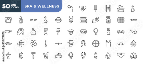 set of 50 outline spa & wellness icons. editable thin line icons such as monocle, kiss, hair conditioner, jasmine, barbershop pole, shaving razor, relaxation stock vector.