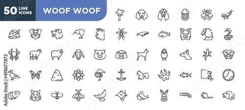 set of 50 outline woof woof icons. editable thin line icons such as plain palm tree, cat head, sheep head, pile of dung, pet cat, plain butterfly, silkworm stock vector.