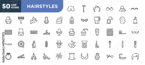 set of 50 outline hairstyles icons. editable thin line icons such as breast, snail slime, massages, softener, hair iron, nail scissors, cardiogram stock vector.