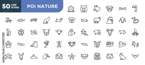 set of 50 outline poi nature icons. editable thin line icons such as dog kennel, dog with long ears, face of staring dog, boar head, kangaroo head, angular mountain, frog head stock vector.