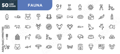 set of 50 outline fauna icons. editable thin line icons such as leash, big crab, deer head, great dane, hedgehog head, big shark, snake head stock vector.