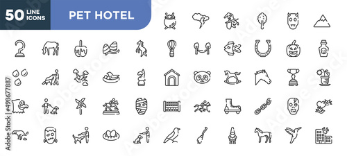 set of 50 outline pet hotel icons. editable thin line icons such as cauldron, wild horse, bird and egg, pinwheel, frankenstein, man combing a dog, horse standing stock vector.