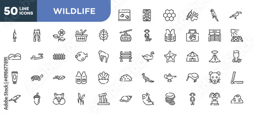 set of 50 outline wildlife icons. editable thin line icons such as aquarium, oak leaf, puffer fish, blue whale, acorn, chipmunk, guard stock vector.