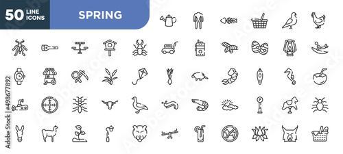 set of 50 outline spring icons. editable thin line icons such as watering can, stag beetle, reeds, tree lobster, llama, sprout, lotus flower stock vector.