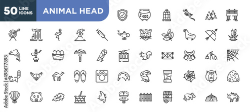 set of 50 outline animal head icons. editable thin line icons such as guard, syringe, amanita, dromedary, hamster, oak leaf, rat stock vector.